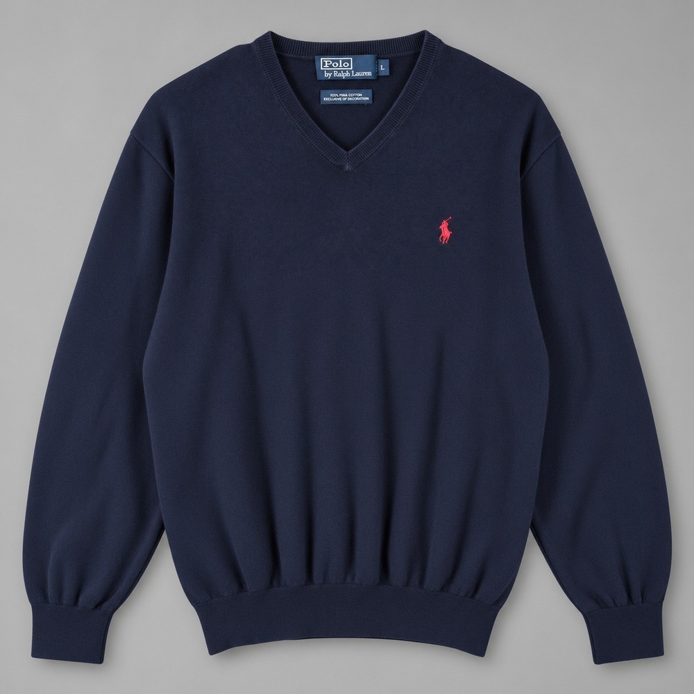 Polo Ralph Lauren Mens Navy Blue Pima Cotton V-Neck Sweater Red Pony Size M